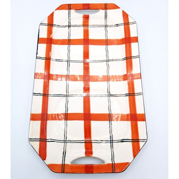 Red Plaid Serving Tray Takito Company Vintage Hand Painted Japan 10.25 In Crazed - Picture 6 of 16